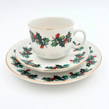 kerstservies hulstblad kop en schotel onbijtset