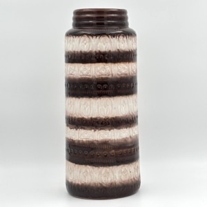 Vintage vloervaas West-Germany 289-41 in bruin en wit keramiek met horizontaal reliëf