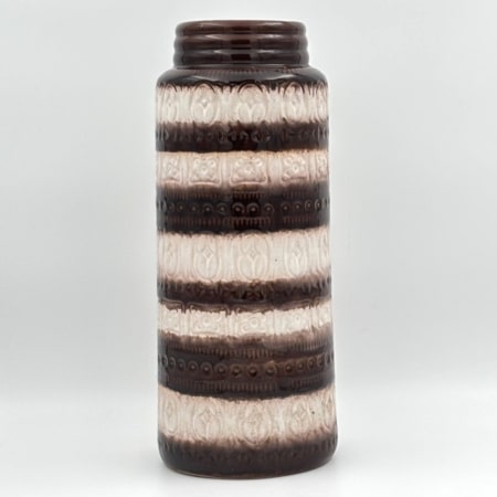 Vintage vloervaas West-Germany 289-41 in bruin en wit keramiek met horizontaal reliëf